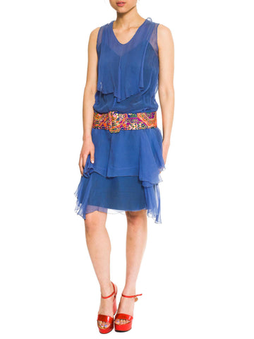1920s Ingeniously Draped Cornflower Blue Chiffon Dress