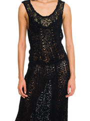 1930s Long Ribbon Knit Dress With Hand Painted Flowers