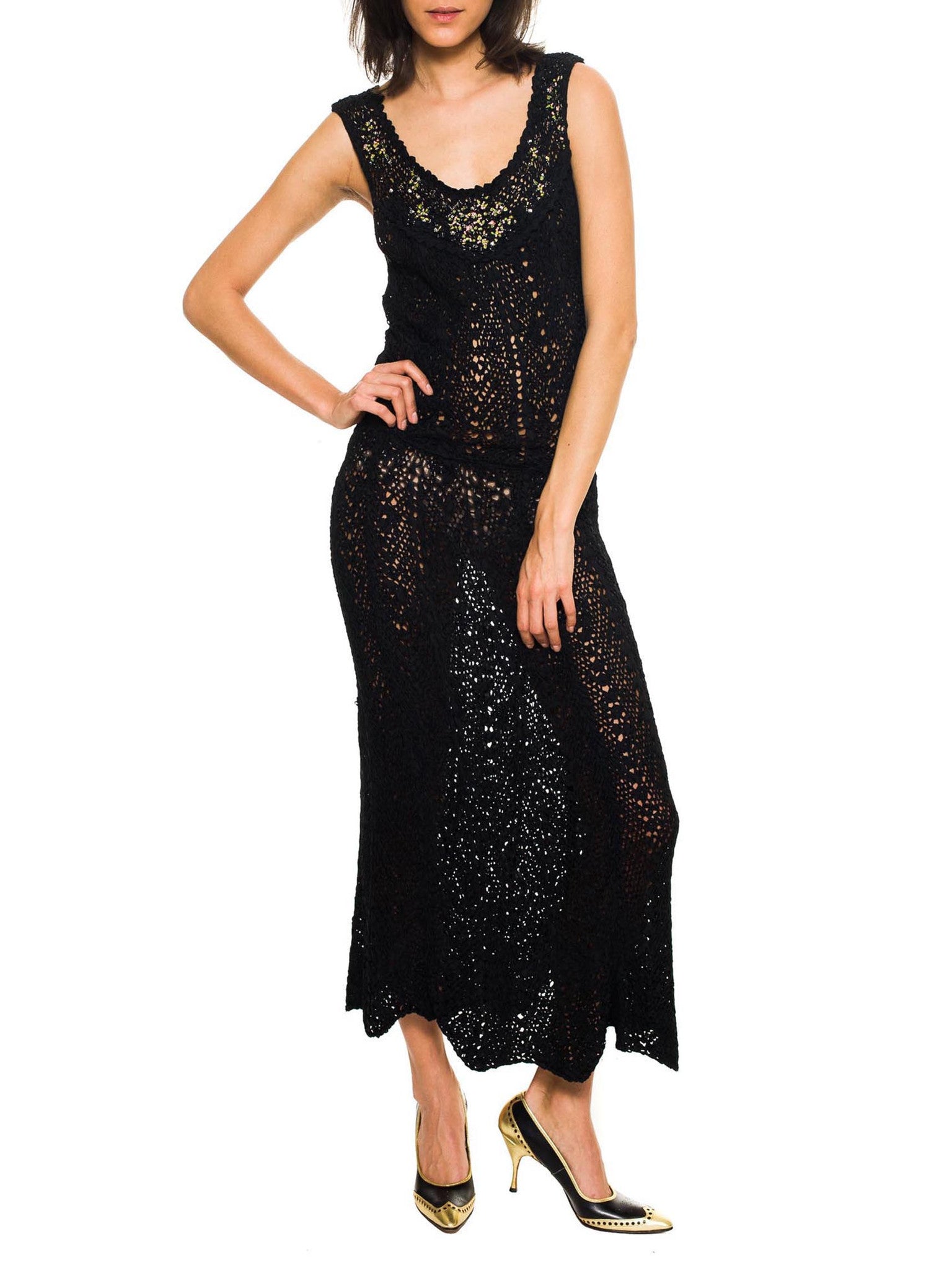 1930s Long Ribbon Knit Dress With Hand Painted Flowers