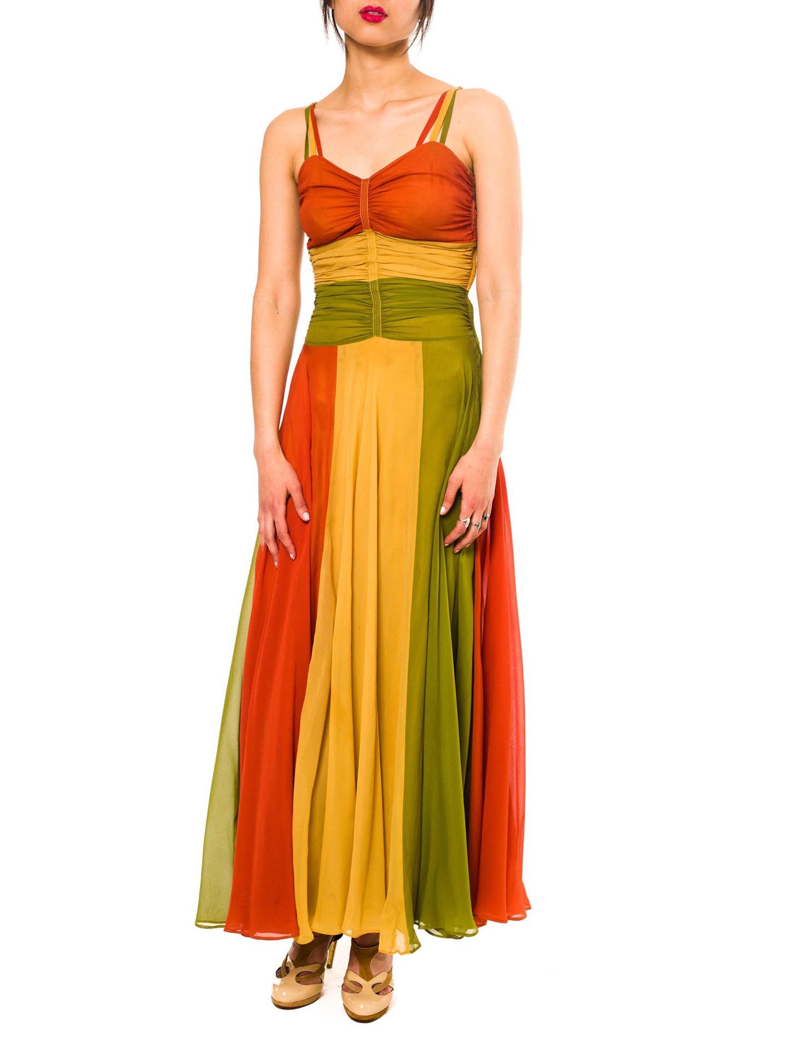 1930/1940s Chiffon Tri-Colour Gown