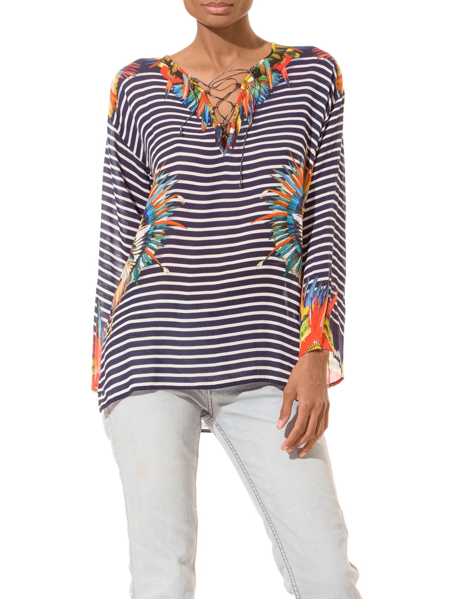 Jean Paul Gaultier "The Love Boat" Inspired Feather Tribal Print Top