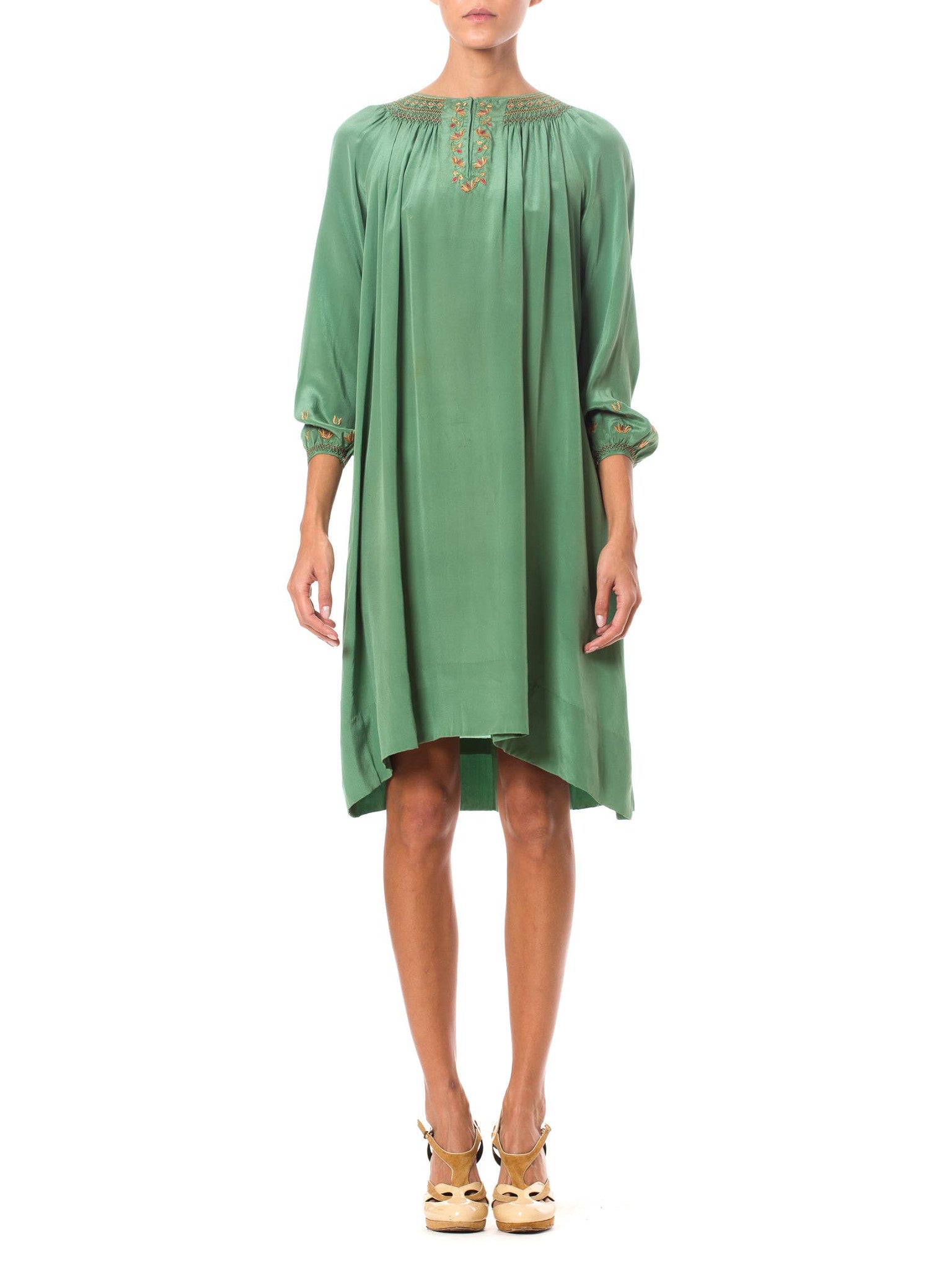 1920’s Liberty & Co. Green Silk Embroidered Peasant Dress