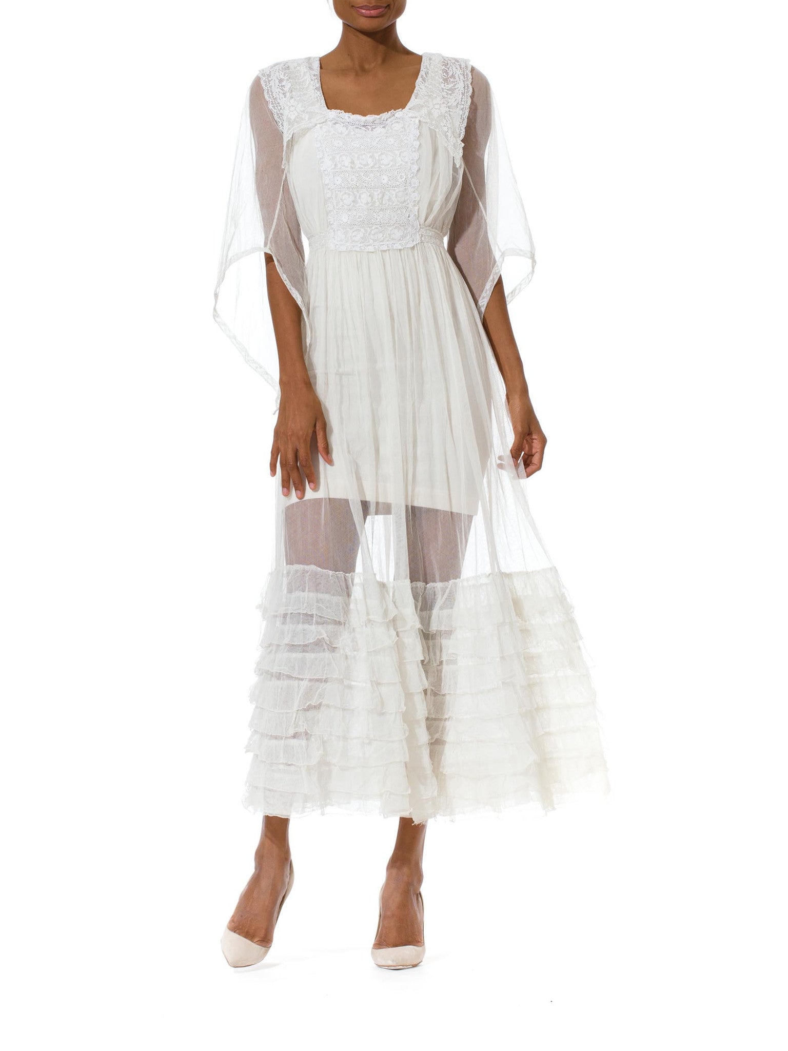 Lace White Victorian Dress with Long Billowing Sleeves and Ruffles