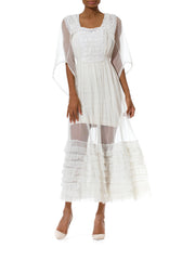 Lace White Victorian Dress with Long Billowing Sleeves and Ruffles